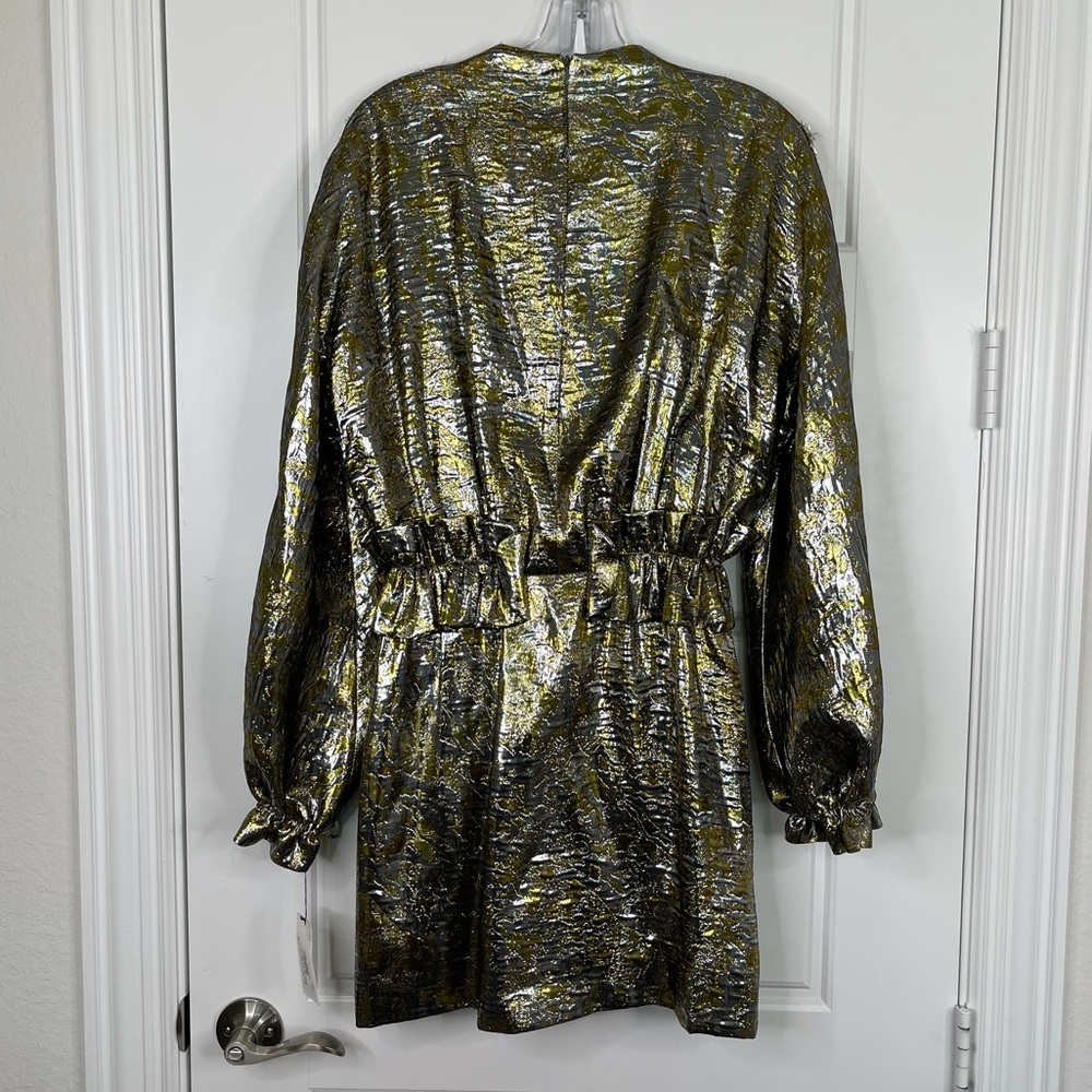 DRIES VAN NOTEN Ruffle Trimmed Metallic Silk Blend Brocade Dress NEW Silver Gold - Picture 10 of 15